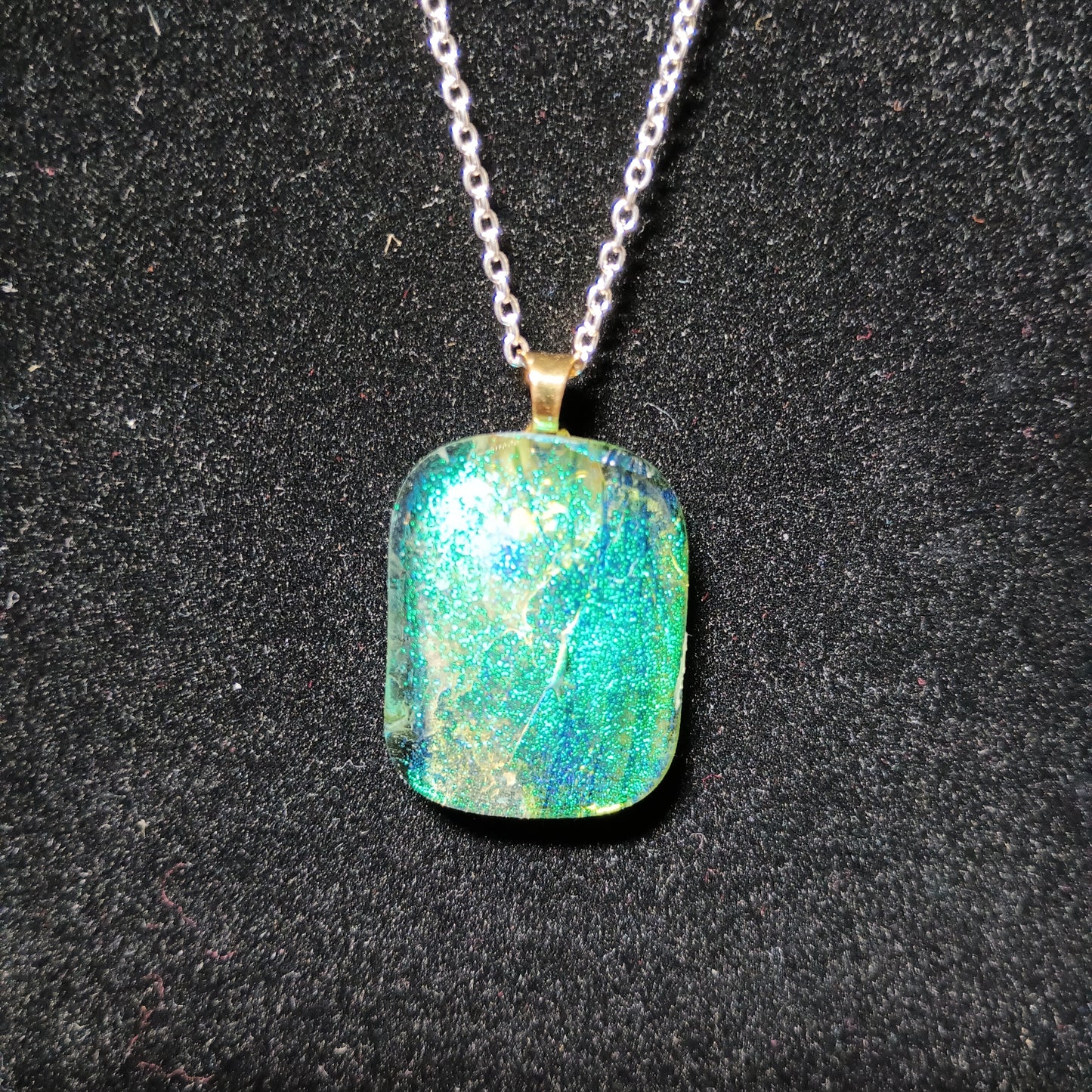 Dichroic Fused Glass Pendant with Silver Colored Chain