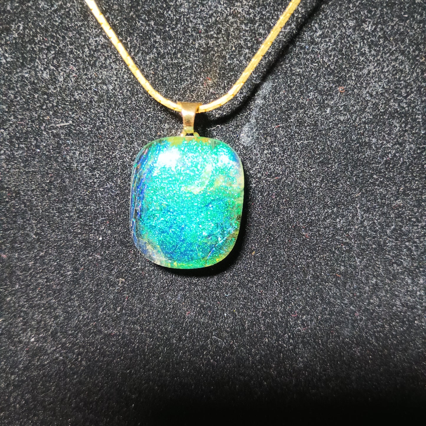 Dichroic Fused Glass Pendant Green/Blue, Gold Colored Chain
