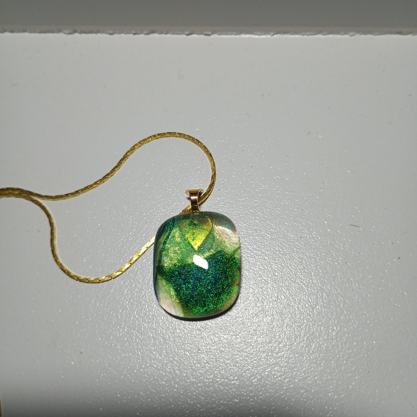 Dichroic Fused Glass Pendant Green/Blue, Gold Colored Chain