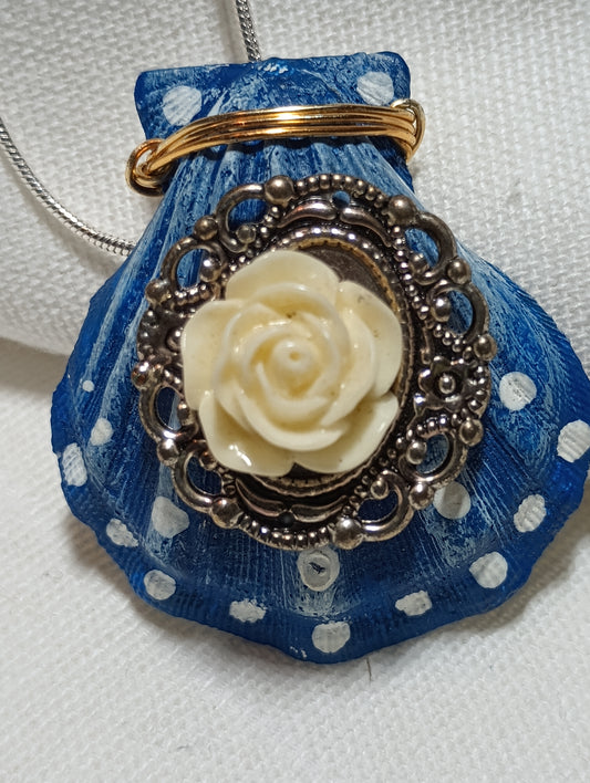 Painted Shell Pendant - Shell with Rose Charm - Sand and Pearl Inside