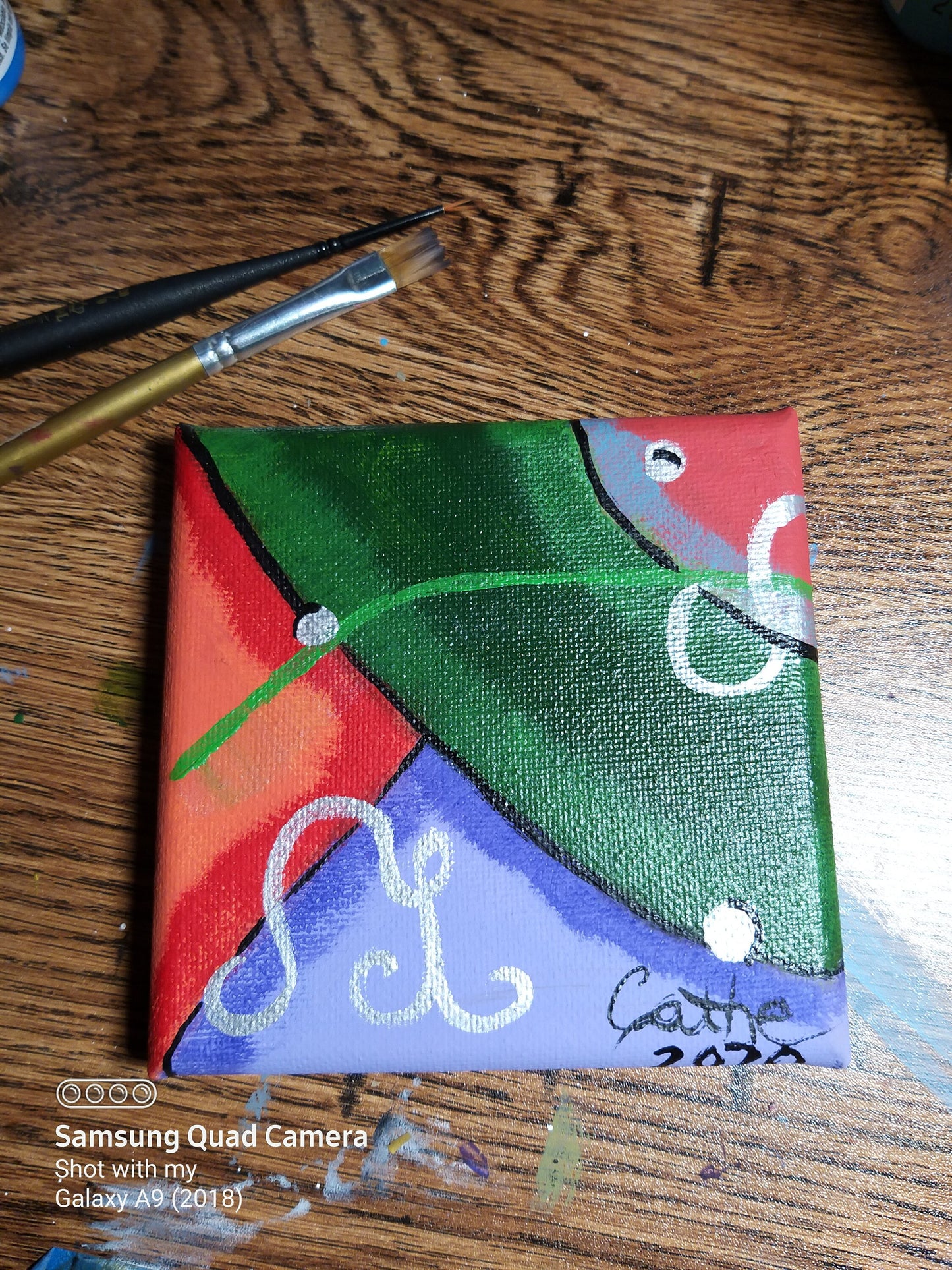 Acrylic Abstract Art - Tiny Art for Tiny Houses - 'Graphic Design 2' with Green, Red, and Purple Mini Abstract Painting