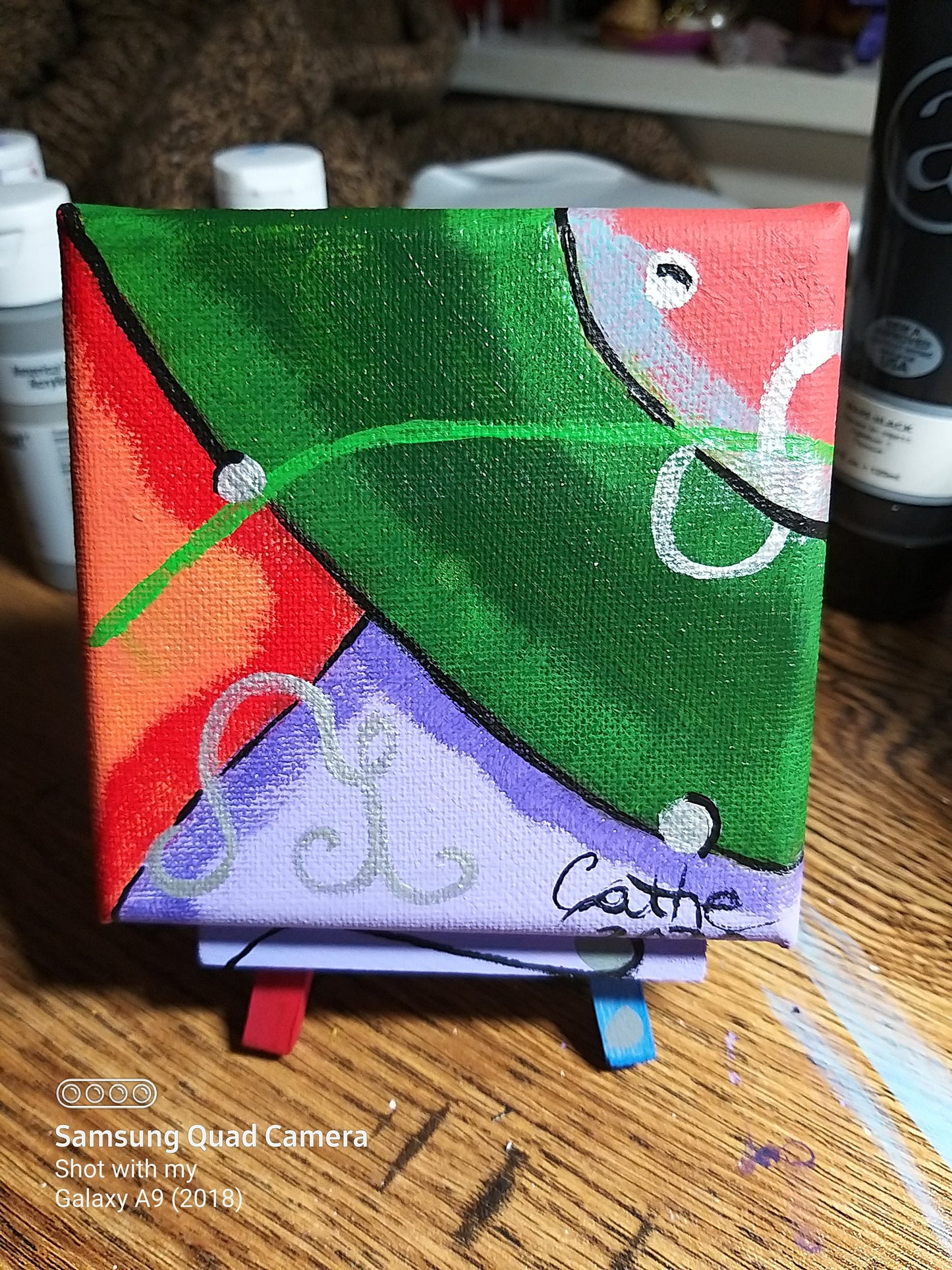 Acrylic Abstract Art - Tiny Art for Tiny Houses - 'Graphic Design 2' with Green, Red, and Purple Mini Abstract Painting