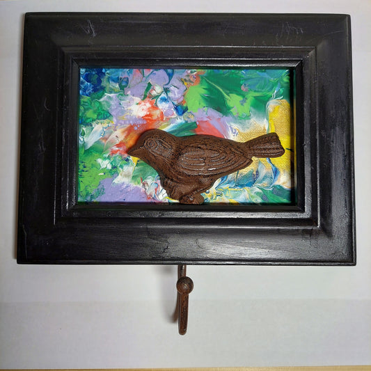 Wall Hook, Brass Bird in Frame with Pour Paint Background
