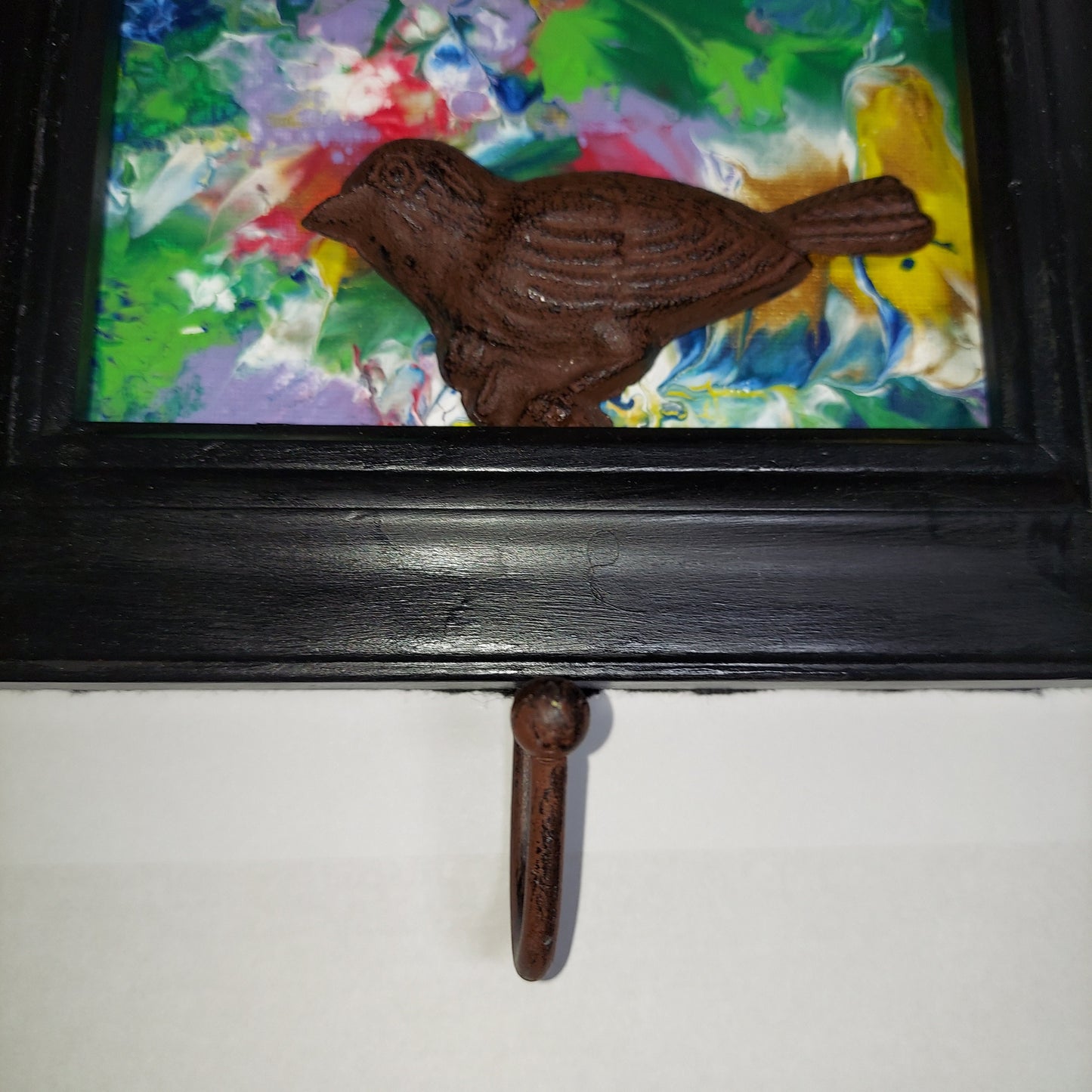 Wall Hook, Brass Bird in Frame with Pour Paint Background
